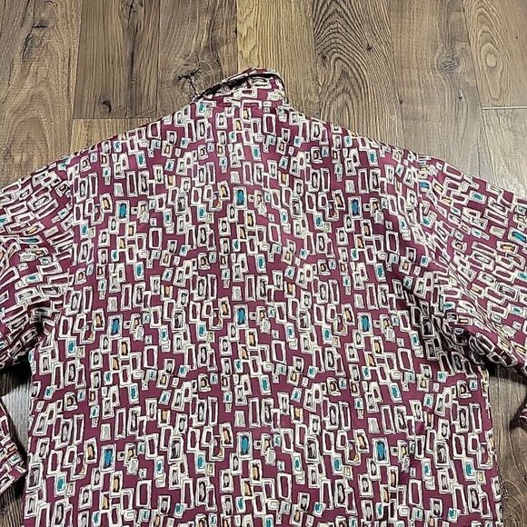 Oleg Cassini Shirt Jacket Womens Large Burgundy Geometric 100% Silk Full Zip - Picture 6 of 8